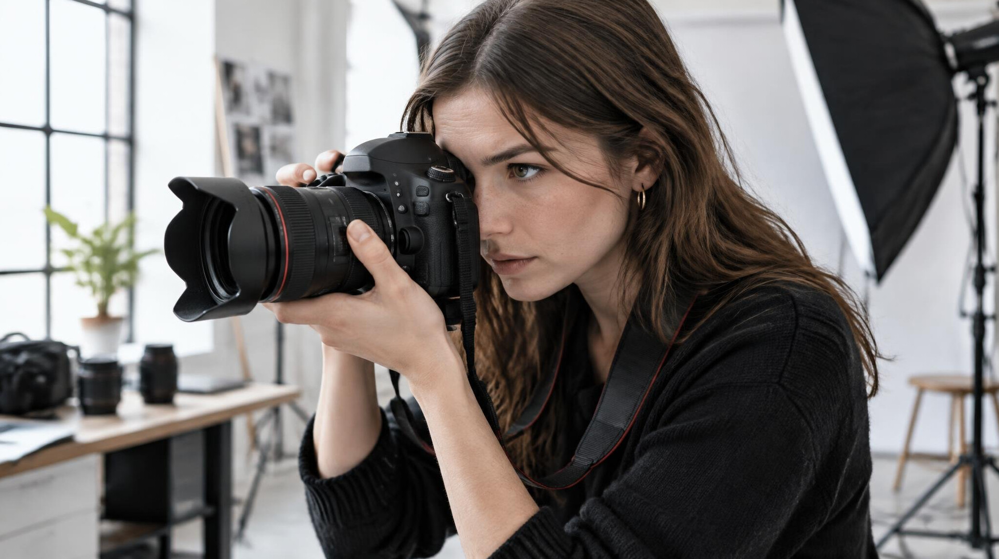 British female photographer looking through a camera viewfinder