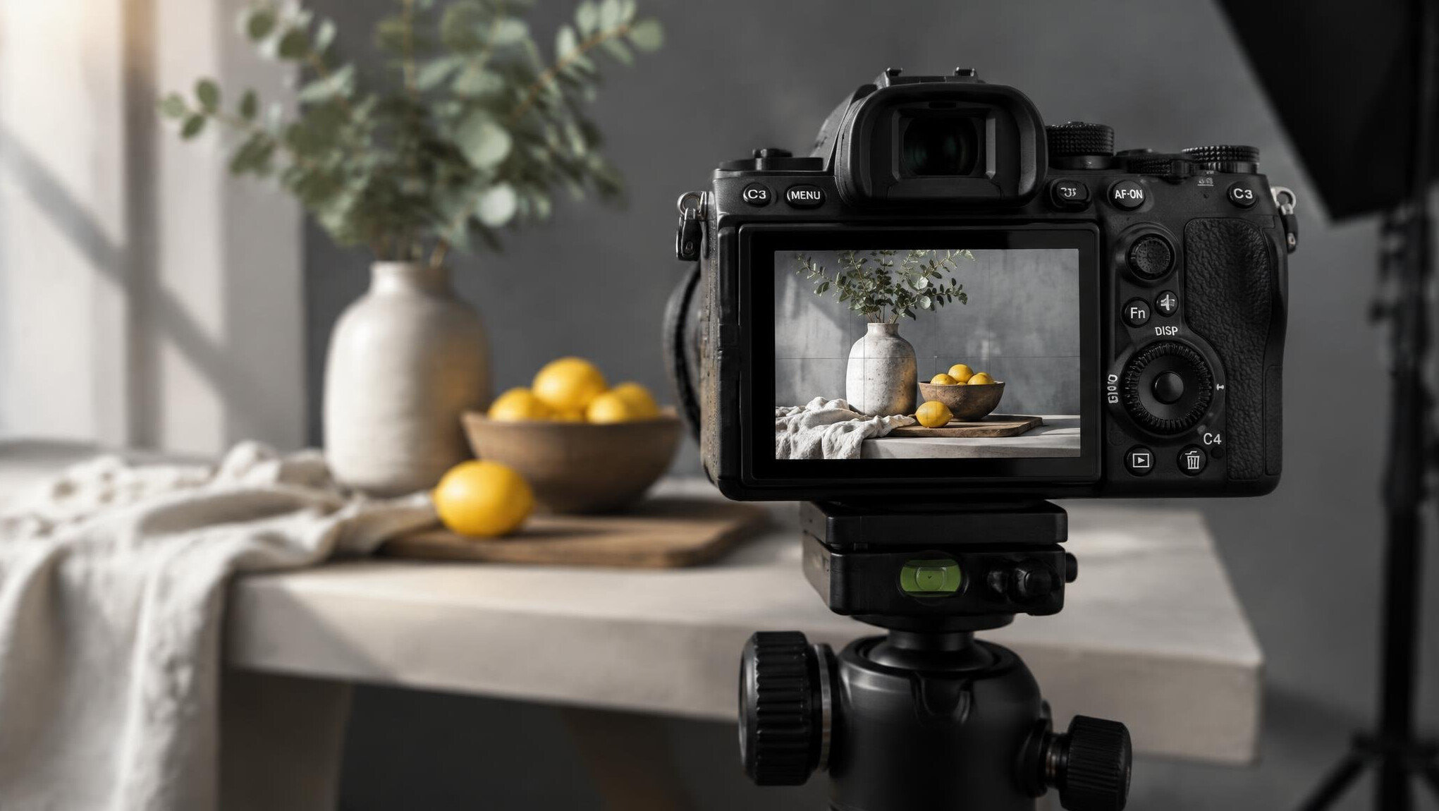 Camera on a tripod framing a composed studio shot