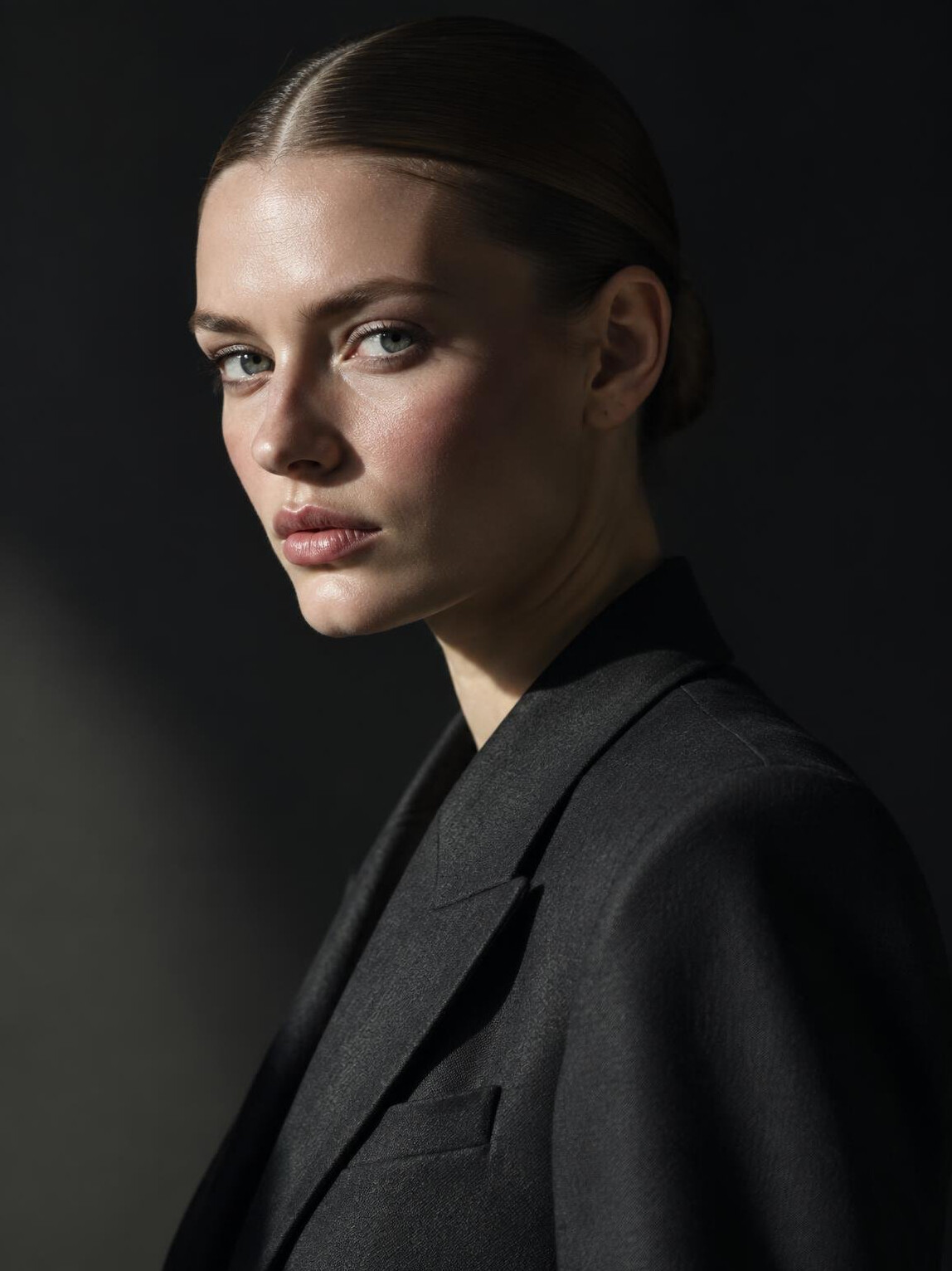 Editorial style portrait of a British female model in dramatic studio lighting