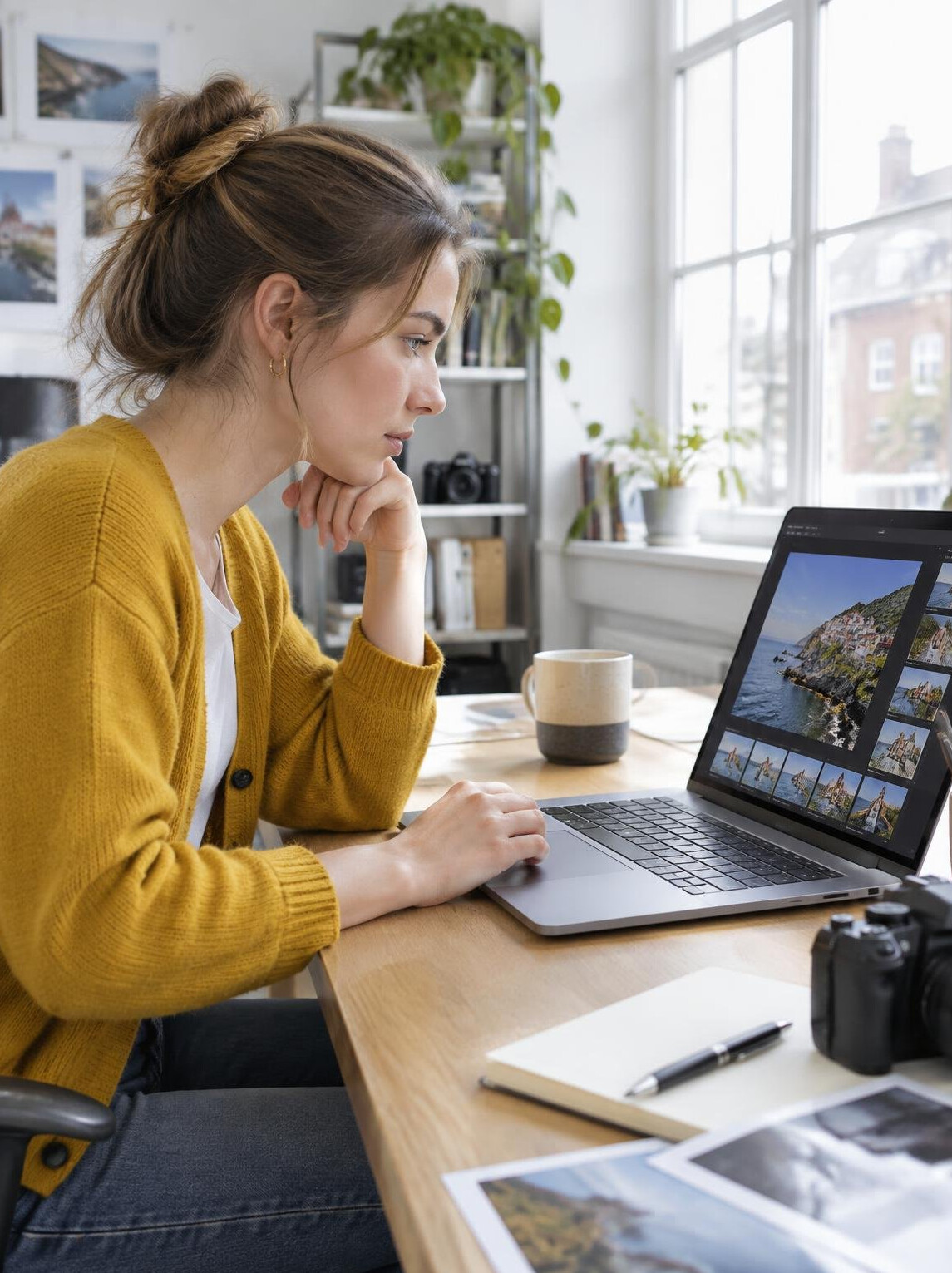 British woman reviewing photographs on a laptop in a studio