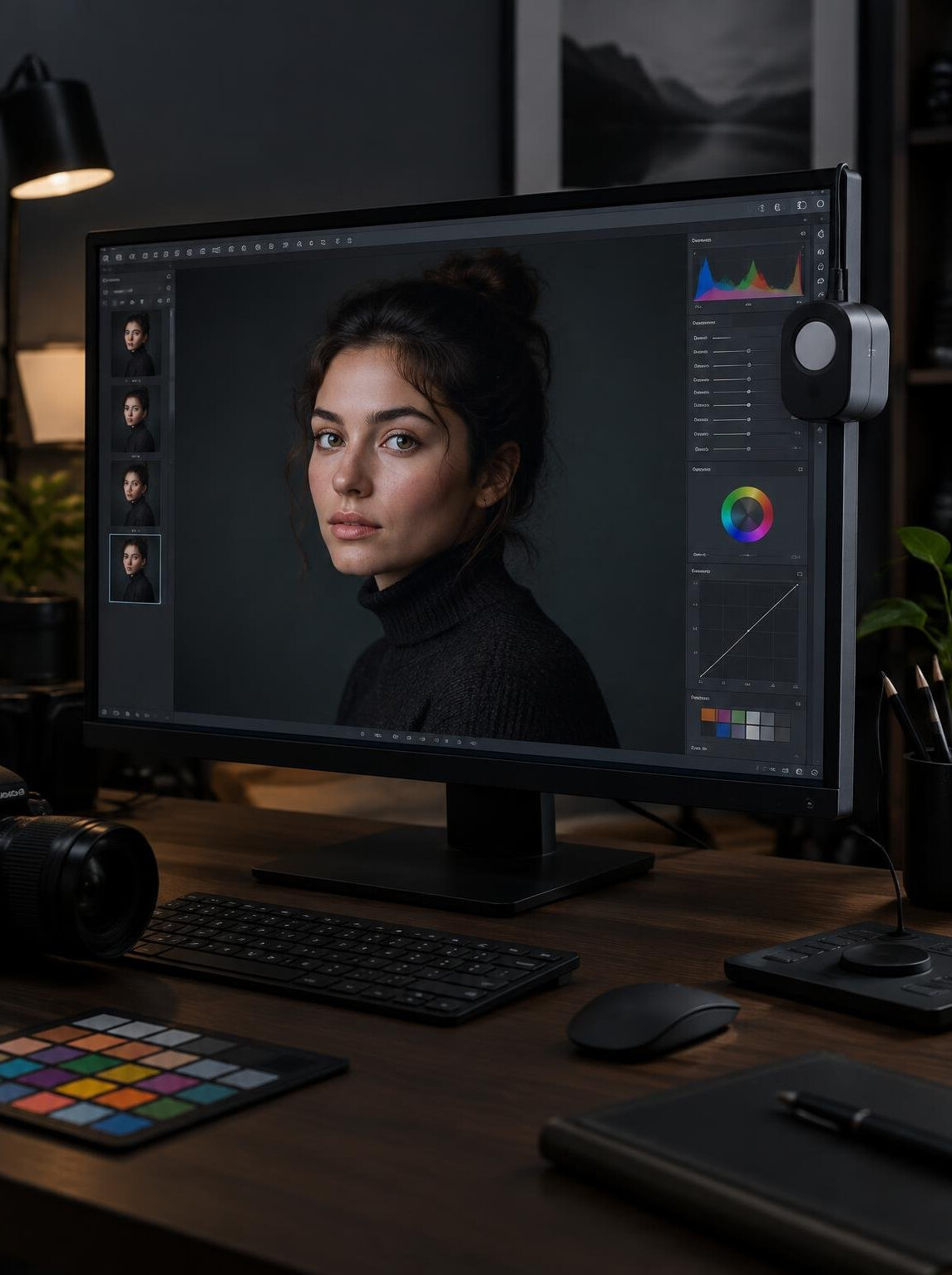 Calibrated monitor on a photo editing desk