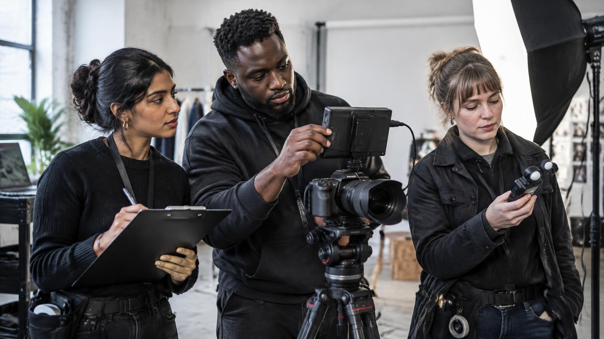 Diverse production crew reviewing shots on set