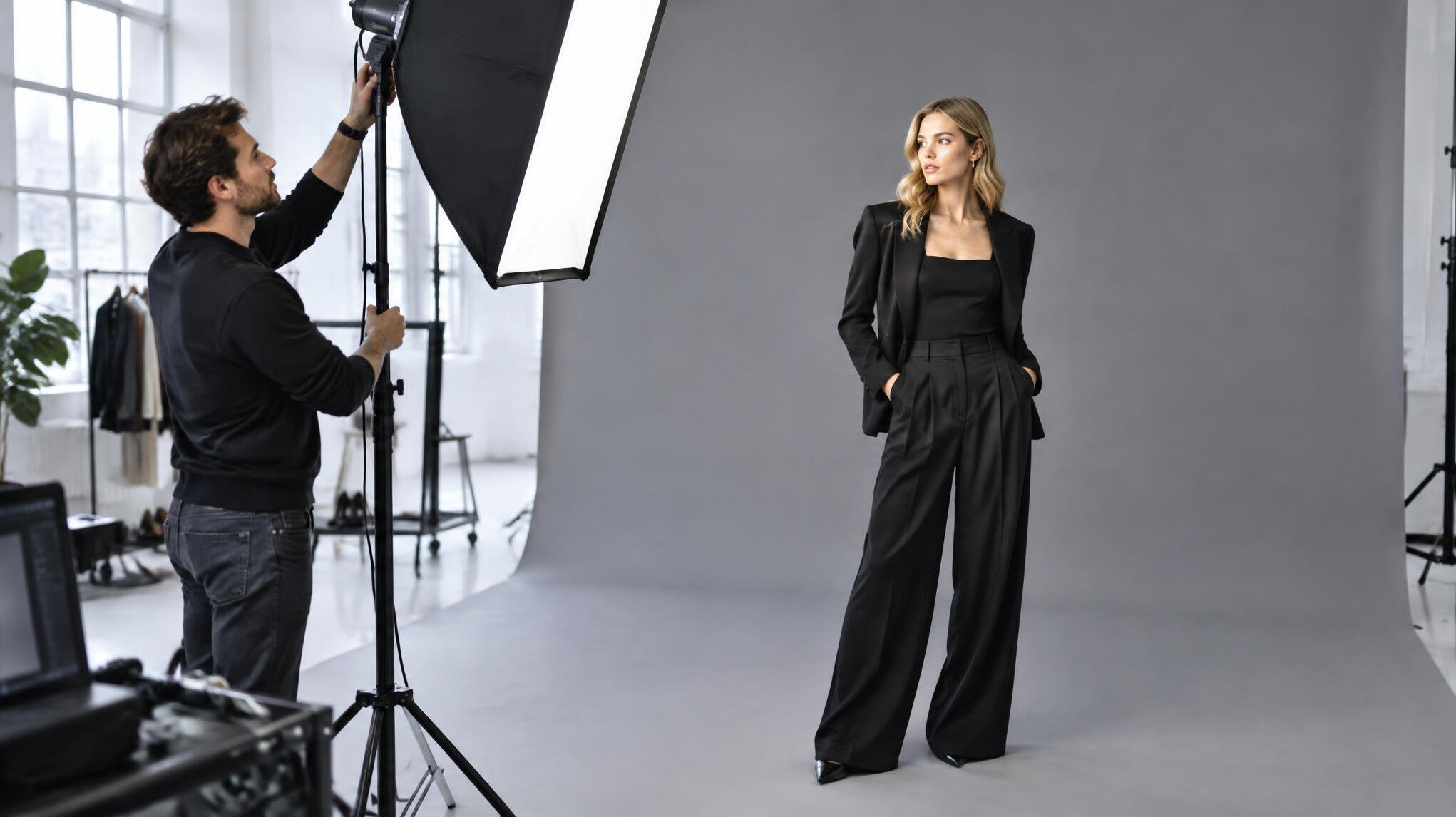 Photographer adjusting studio lights while a British model poses for a fashion shoot