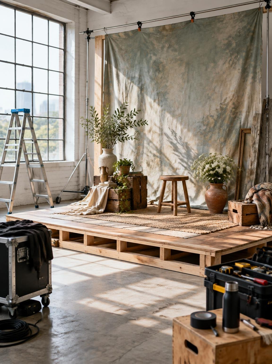 Photography set being built with props and backdrop