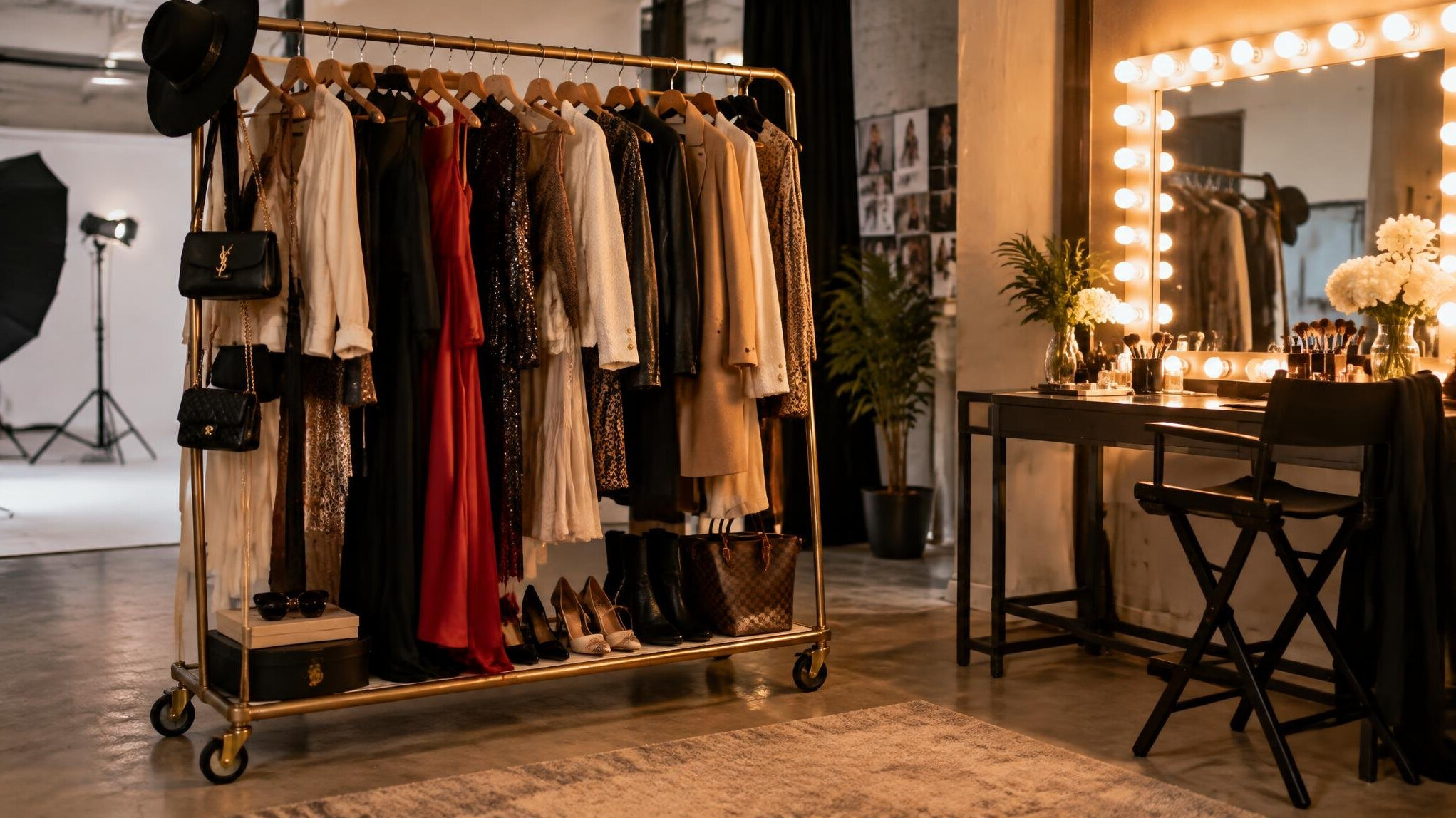 Wardrobe rack with styled outfits in a photography studio