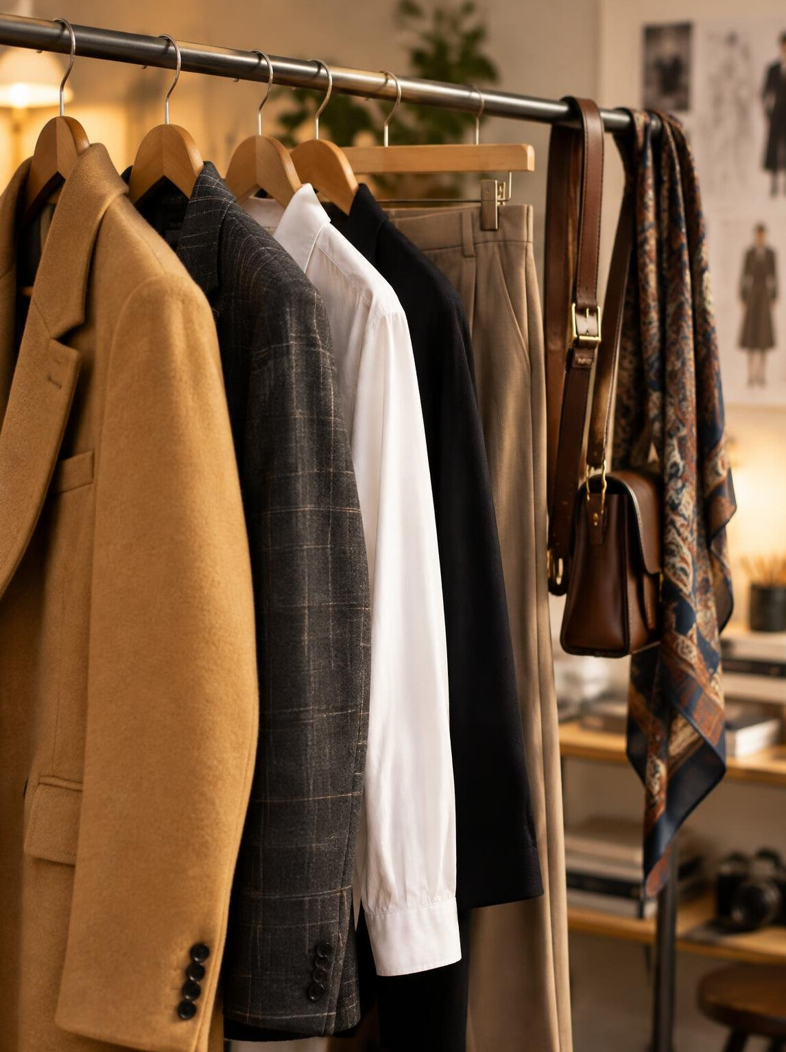 Detail of styled garments on a wardrobe rack